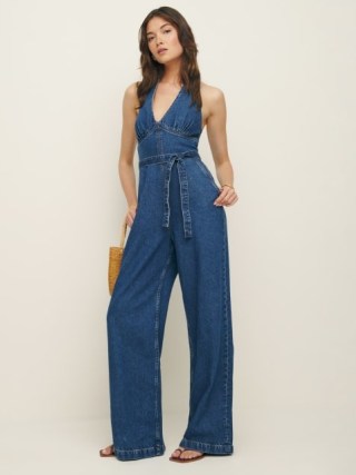 Reformation Elena Denim Jumpsuit in Indio – blue halter jumpsuits – halterneck summer fashion