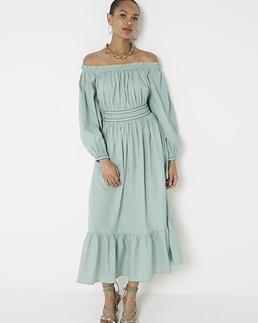 RIVER ISLAND Khaki Ruched Bardot Swing Midi Dress ~ green bardot dresses ~ bohemian summer fashion