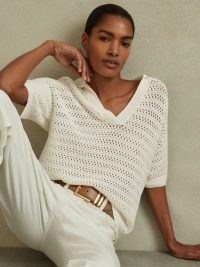 Reiss CARLA KNITTED OPEN-COLLAR POLO SHIRT in IVORY | women’s luxe style summer knitwear | womens relaxed fit collared tops