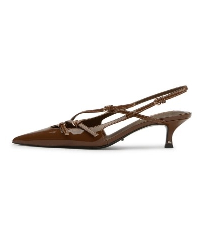 TONY BIANCO Koko Mocha Patent Heels ~ brown glossy leather retro style slingback kitten heel shoes ~ luxe vintage inspired pointed toe slingbacks