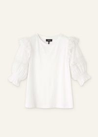 me and em Lace Insert Mixed Media Tee in Soft White – puff sleeve ruffle detail top – casual romantic style T-shirt – feminine summer tops