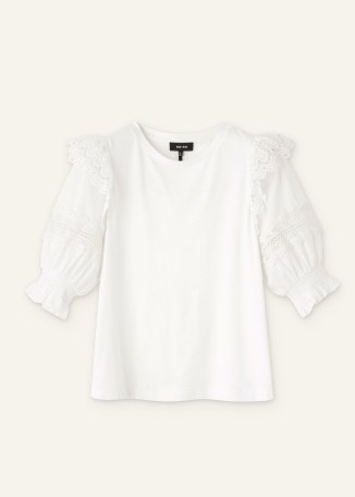 me and em Lace Insert Mixed Media Tee in Soft White – puff sleeve ruffle detail top – casual romantic style T-shirt – feminine summer tops