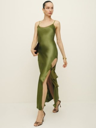 Reformation Malorie Silk Dress in Leaf / strappy green silky maxi dresses / womens luxe occasion fashion