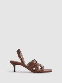REISS NINA LEATHER STRAPPY KITTEN HEELS in TAN ~ chic brown square toe slingback sandals