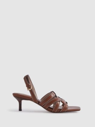 REISS NINA LEATHER STRAPPY KITTEN HEELS in TAN ~ chic brown square toe slingback sandals