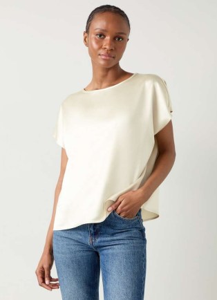 L.K. BENNETT Lena Ecru Satin Relaxed Top / off white silky short sleeve tops