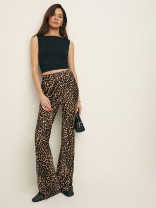 Reformation Petites Gale Satin Mid Rise Bias Pant in Leo / women’s slinky animal print trousers / silky trouser