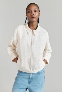 GHOST LONDON Lili Cotton Embroidered Bomber Jacket in Ivory | women’s floral collared zip up jackets | summer outerwear