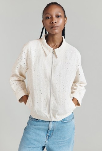 GHOST LONDON Lili Cotton Embroidered Bomber Jacket in Ivory | women’s floral collared zip up jackets | summer outerwear