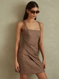REISS PIPER LINEN PLEAT DETAIL MINI DRESS in BROWN ~ summer occasion dresses