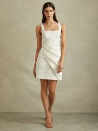 Reiss PIPER LINEN PLEAT DETAIL MINI DRESS in Cream / sleeveless square neck summer dresses