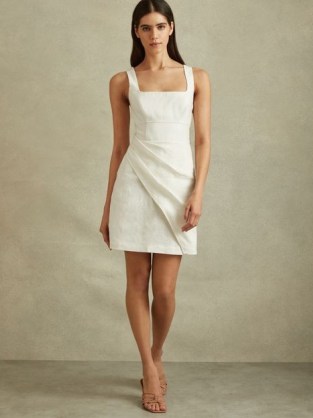 Reiss PIPER LINEN PLEAT DETAIL MINI DRESS in Cream / sleeveless square neck summer dresses