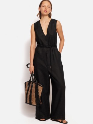 JIGSAW Linen Sleeveless Jumpsuit in Black / Deep V-neck summer jumpsuits