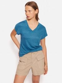 JIGSAW Linen V Neck Tee in Blue / women’s short sleeve V-neck T-shirt