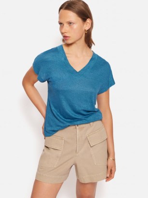 JIGSAW Linen V Neck Tee in Blue / women’s short sleeve V-neck T-shirt