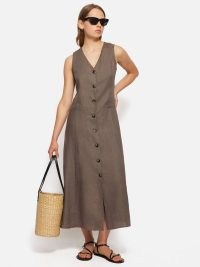 JIGSAW Linen Waistcoat Dress in Brown / women’s sleeveless V-neck summer dresses
