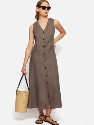 JIGSAW Linen Waistcoat Dress in Brown / women’s sleeveless V-neck summer dresses