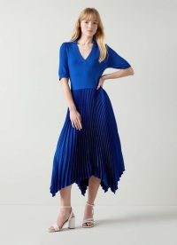 L.K. BENNETT Lorna Mazarine Blue Knit & Woven Pleated Dress ~ asymmetric hemline dresses ~ handkerchief hem