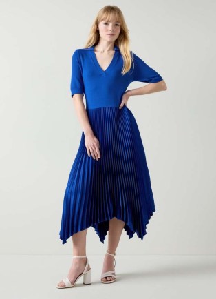 L.K. BENNETT Lorna Mazarine Blue Knit & Woven Pleated Dress ~ asymmetric hemline dresses ~ handkerchief hem