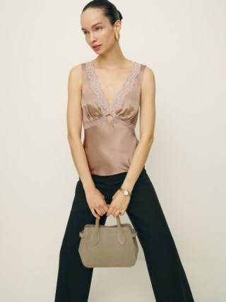 Reformation Aliceyn Silk Top in Macadamia / women’s luxe fashion / silky sleeveless lace detail tops