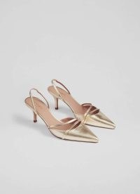 L.K. BENNETT Madely Gold Double Strap Kitten Heels / strappy pointed toe slingback shoes / luxe leather slingbacks