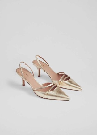 L.K. BENNETT Madely Gold Double Strap Kitten Heels / strappy pointed toe slingback shoes / luxe leather slingbacks