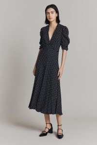 GHOST LONSON Madi Crepe Midi Dress in Black Spot | polka dot print vintage style dresses | retro inspired clothing