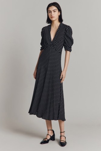 GHOST LONSON Madi Crepe Midi Dress in Black Spot | polka dot print vintage style dresses | retro inspired clothing