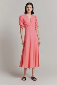 GHOST LONDON Madi Satin Back Crepe Midi Dress Coral | ruched sleeve empired waist dresses | vintage style fashion | retro look clothing