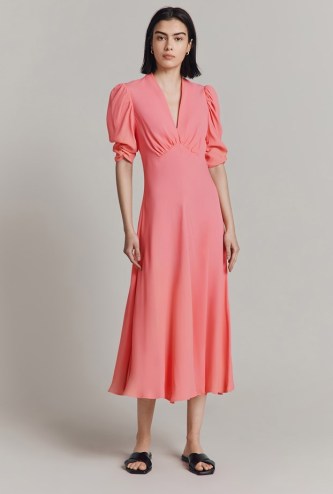 GHOST LONDON Madi Satin Back Crepe Midi Dress Coral | ruched sleeve empired waist dresses | vintage style fashion | retro look clothing