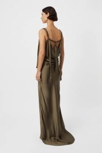 CAMILLA AND MARC Marionette Bias Satin Maxi Dress in Smokey Quartz ~ brown silky gowns ~ strappy cowl back occasion dresses