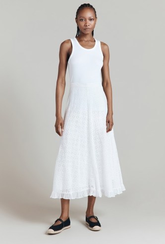 GHOST LONDON Mia Broderie Anglaise Cotton Skirt in White | bias cut ruffle hem summer skirts