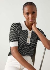 L.K. BENNETT Nancy Black & Ivory Stripe & Contrast Collar Knit Top / women’s checked polo style tops