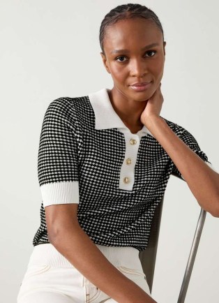 L.K. BENNETT Nancy Black & Ivory Stripe & Contrast Collar Knit Top / women’s checked polo style tops