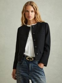 REISS NOLA CROPPED WOOL SINGLE BREASTED JACKET in BLACK ~ chic textured collarless jackets