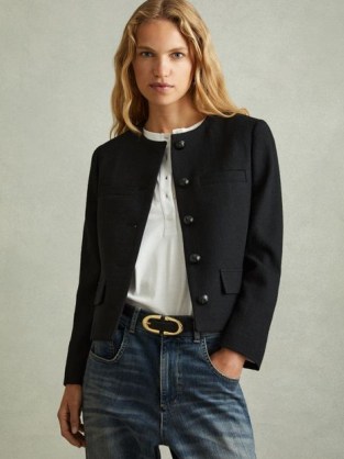 REISS NOLA CROPPED WOOL SINGLE BREASTED JACKET in BLACK ~ chic textured collarless jackets