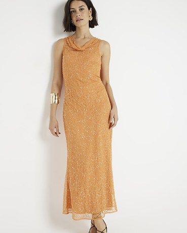 RIVER ISLAND Orange Sequin Embellished Slip Midi Dress ~ sleeveless sequinned party dresses