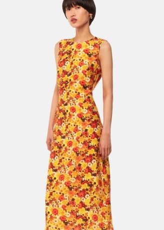 WHISTLES Photographic Daisy Midi Dress in Orange/Multi / sleeveless floral dresses