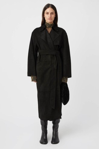 CAMILLA AND MARC Orial Leather Trench Coat in Black ~ women’s luxe longline tie waist coats