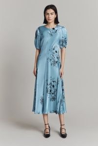 GHOST LONDON Paloma Satin Midi Dress in Blue Floral | silky short sleeve vintage style dresses