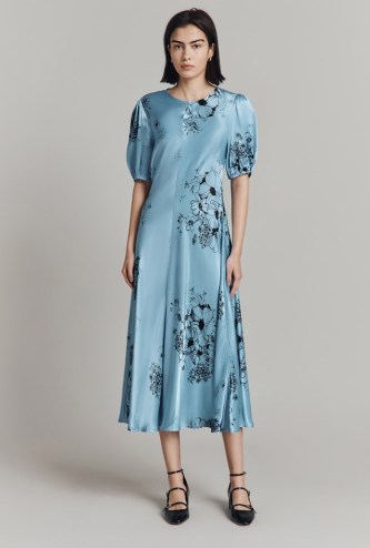 GHOST LONDON Paloma Satin Midi Dress in Blue Floral | silky short sleeve vintage style dresses