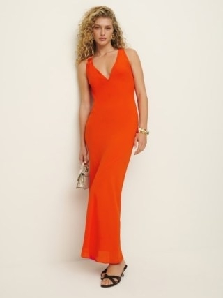 Reformation Siana Dress in Paprika – bright and vibrant sleeveless deep plunge maxi dresses