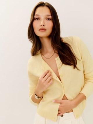 Reformation Clara Cashmere Crew Cardigan in Parmesan | women’s luxe yellow cardigans