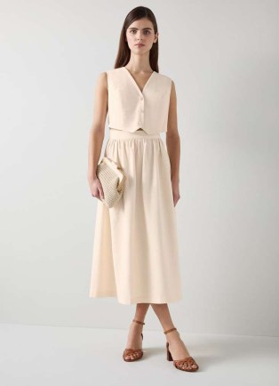 L.K. BENNETT Pernille Cream Waistcoat Cotton Mix Dress ~ women’s sleeveless fit and flare midi dresses