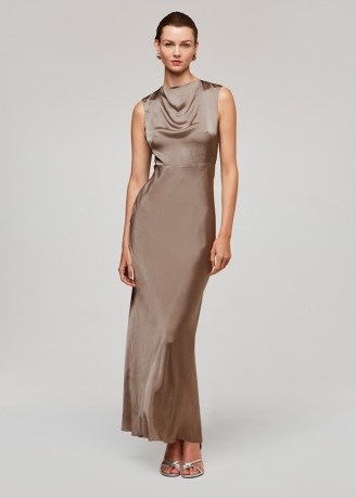 WHISTLES Cowl Neck Satin Maxi Dress in Pewter / chic evening occasionwear / silky sleeveless high drape neck occasion dresses / sophisticated party clothes