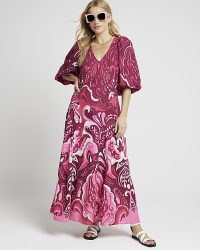 RIVER ISLAND Pink Abstract Puff Sleeve Smock Maxi Dress ~ women’s puffed sleeved summer dresses