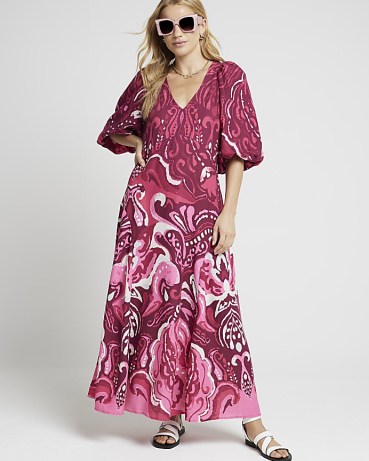 RIVER ISLAND Pink Abstract Puff Sleeve Smock Maxi Dress ~ women’s puffed sleeved summer dresses