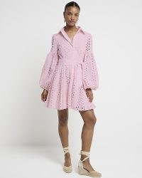 RIVER ISLAND Pink Broderie Belted Mini Shirt Dress ~ collared cut out detail balloon sleeve dresses