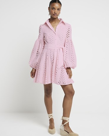 RIVER ISLAND Pink Broderie Belted Mini Shirt Dress ~ collared cut out detail balloon sleeve dresses