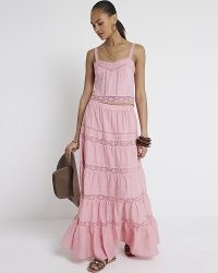 RIVER ISLAND Pink Lace Detail Tiered Maxi Skirt ~ bohemian long legth summer skirts ~ cotton boho fashion